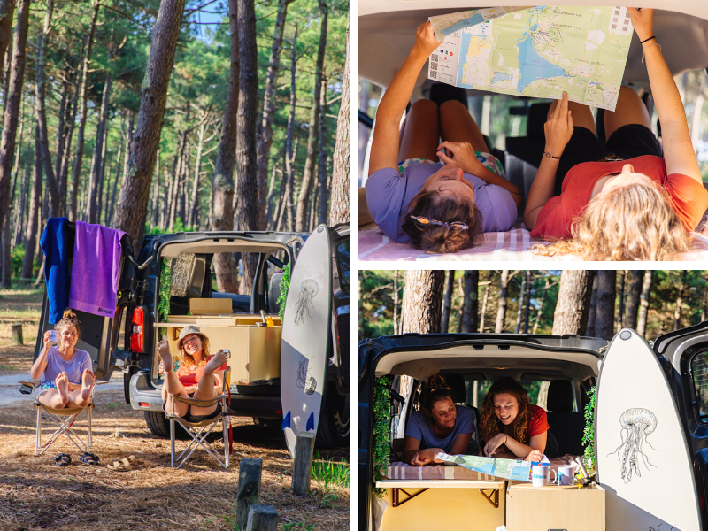 Le van au milieu de l'aire de camping-car du Vivier, à Biscarrosse-Plage