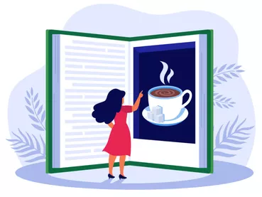 Woman reading book about coffee