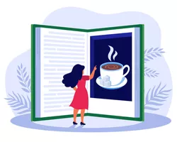 Woman reading book about coffee